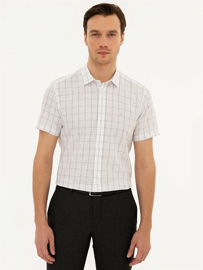 Рубашка с коротким рукавом в клетку с добавлением льна приталенная - G051GL0040COSTO Сорочка муж. (VR013, 40)