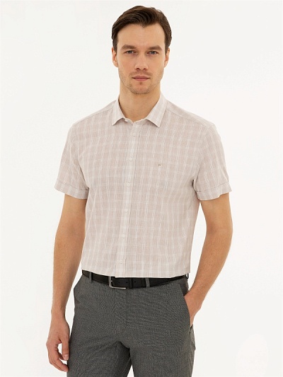 Рубашка с коротким рукавом в клетку с добавлением льна приталенная - G051GL0040ARENES Сорочка муж. (VR011, 38)