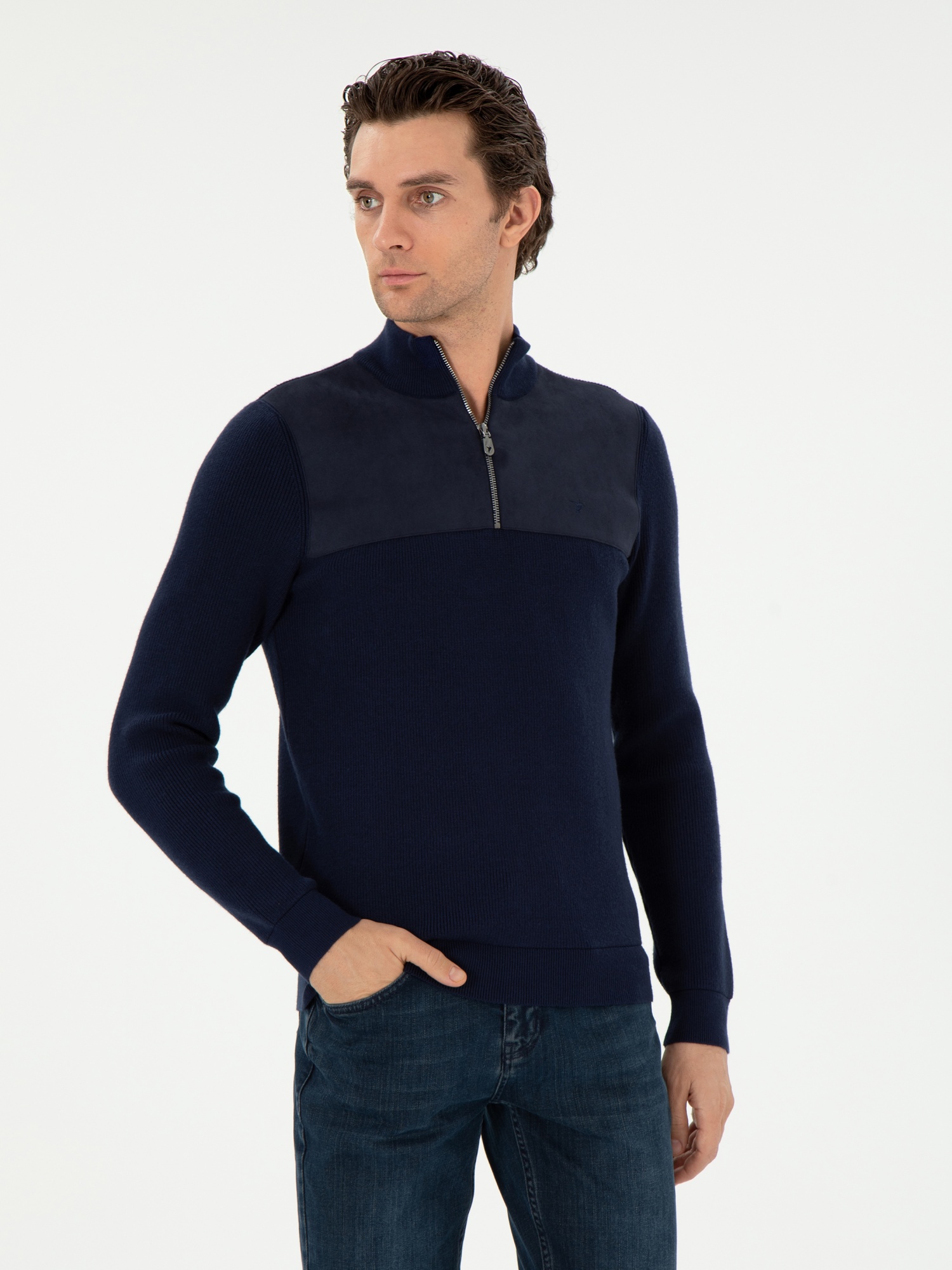 Джемпер с воротником-стойка на молнии Cacharel, цвет – темно-синий, G051SZ0TK0LANCY.VR033
