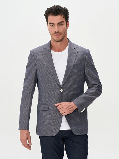 Пиджак однобортный из смеси льна и хлопка в клетку - G051SZ0020VALLENCIA/C Пиджак муж. (VR033, 46, 6)