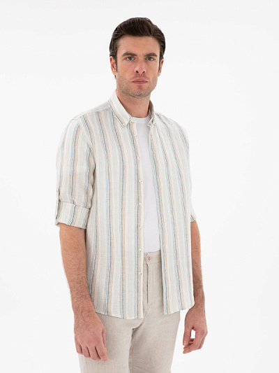 Рубашка льняная в полоску свободная - G051SZ0040ALOUN Сорочка муж. (VR003, S)